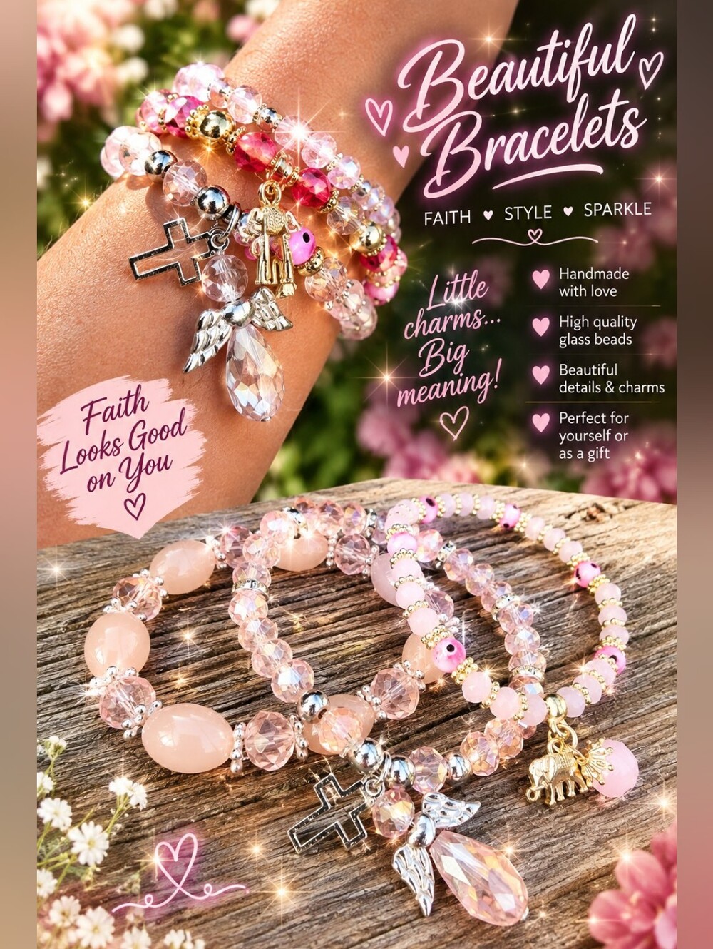 Beautiful Pink & Neutral Charm Bracelet Set w/Cross,Angel, Lucky Elephant Charms